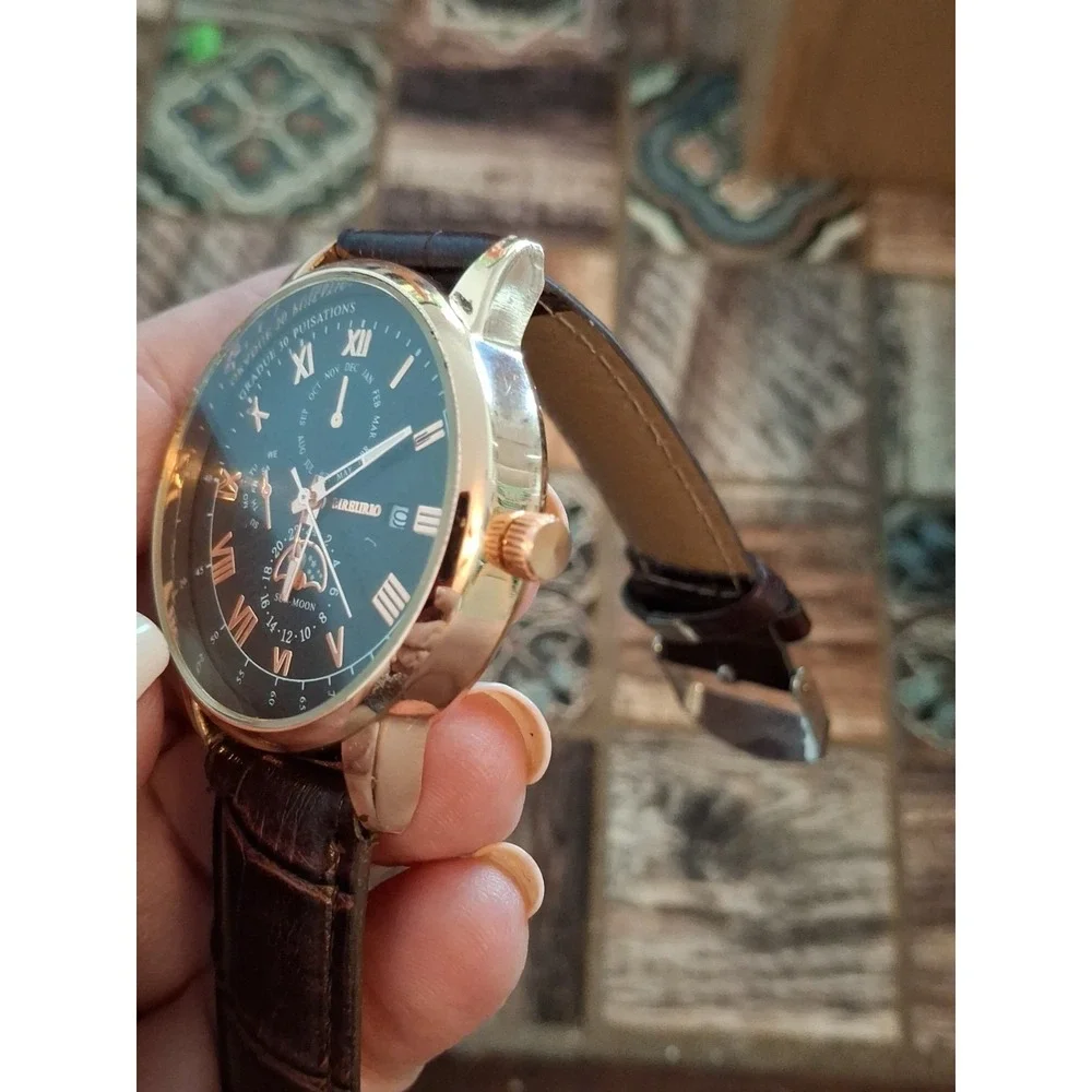 Mreurio 43mm Rose Gold Mens Chrono Watch. Brown  Alligator Embossed Band.
